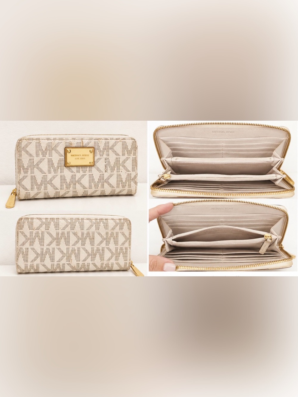 Michael Kors Jet Set Travel MK Logo Zip Around Continental Wallet Vanilla Gold